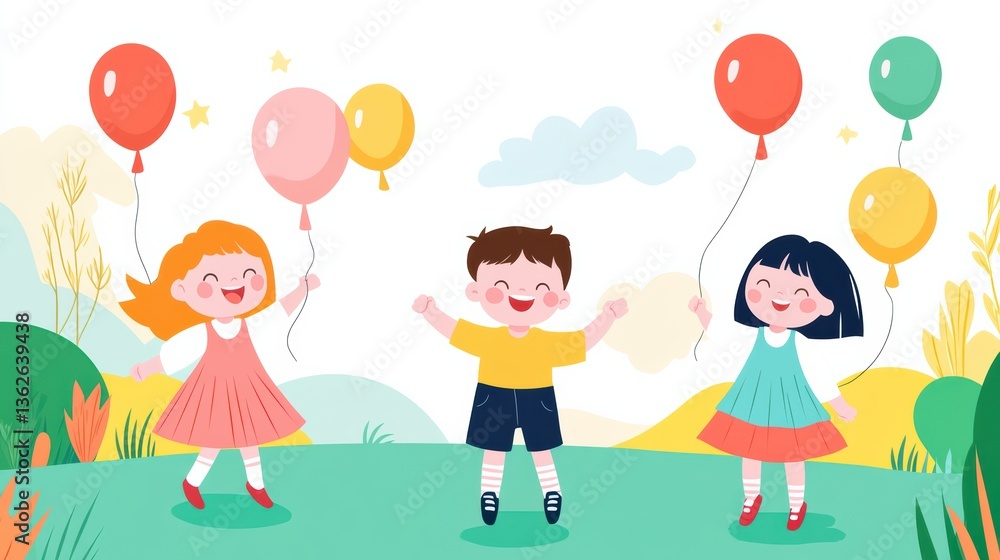 Three joyful children hold colorful balloons while playing in a vibrant, cartoonish landscape filled with green hills and cheerful elements. Three joyful children hold colorful balloons while playing in a vibrant, cartoonish landscape filled with green hills and cheerful elements.