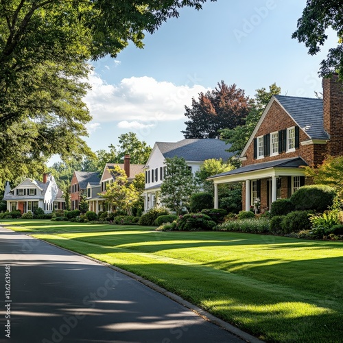 Elegant colonial-style homes lining a wide street, soft green lawns and symmetrical landscaping
