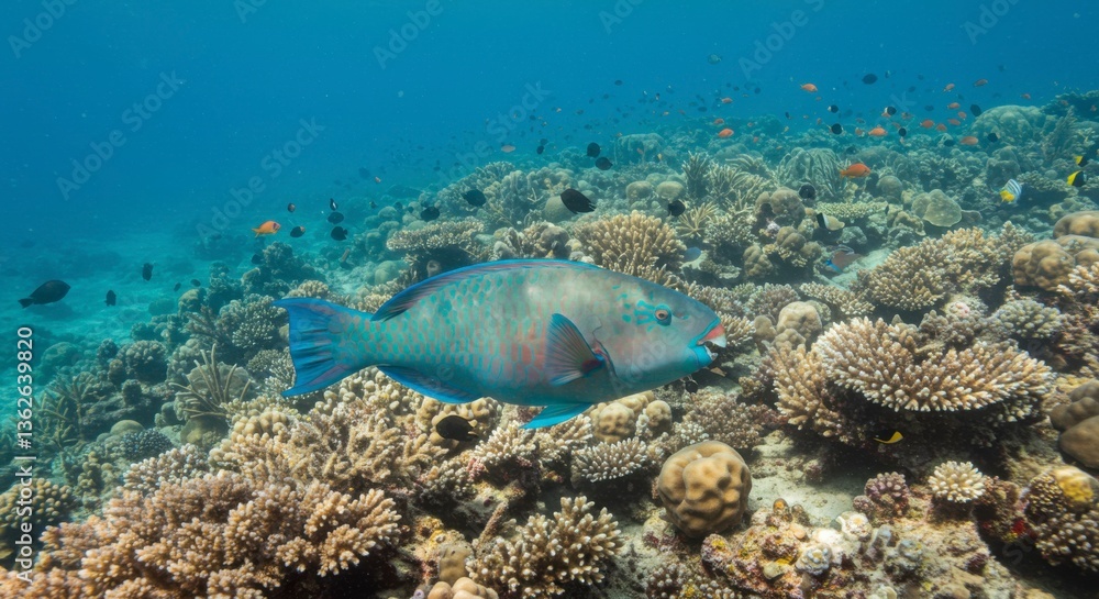 Fototapeta premium Tropical fish amidst vibrant coral reef. Underwater scene of a parrotfish swimming near a coral reef