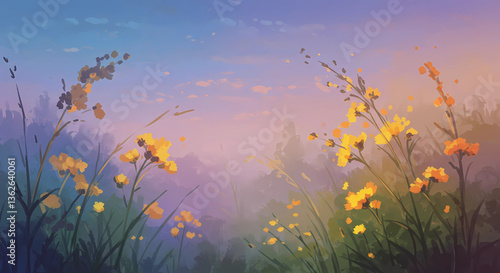 Painting of yellow flowers in a field at sunset time