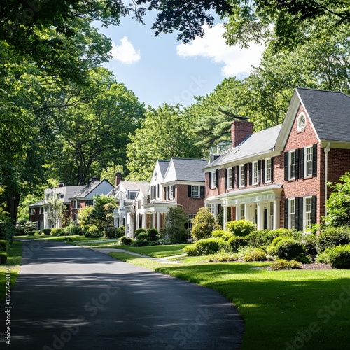 Elegant colonial-style homes lining a wide street, soft green lawns and symmetrical landscaping