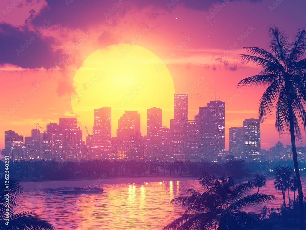 Obraz premium Vibrant Cityscape at Sunset: A Tropical Paradise Underneath Colorful Skies
