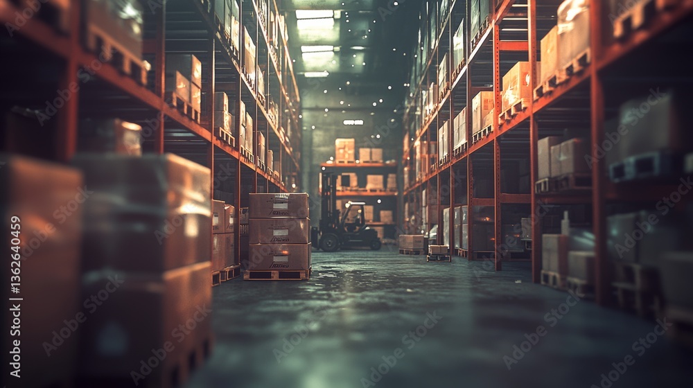 Fototapeta premium Warehouse Interior with Forklift and Rows of Shelves Packed with Boxes