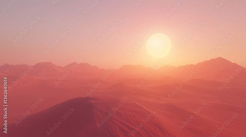 Golden-hour desert scenery with smooth red sand dunes stretching endlessly under a radiant sun, creating a warm and tranquil atmosphere. Golden-hour desert scenery with smooth red sand dunes stretching endlessly under a radiant sun, creating a warm and tranquil atmosphere.