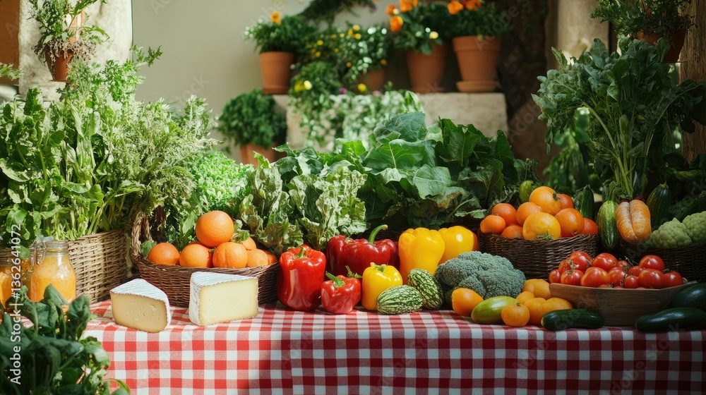 A farmer's market-inspired picnic setup with a red checkered tablecloth, fresh produce, and artisanal cheese on a rustic table. A farmer's market-inspired picnic setup with a red checkered tablecloth, fresh produce, and artisanal cheese on a rustic table.