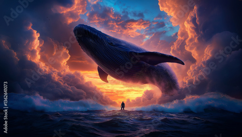 man stands in ocean, gazing up at giant whale breaching surface against vibrant sunset. scene captures sense of wonder and connection with nature