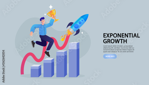A successful businessman with a trophy runs up a rising bar chart, symbolizing exponential growth. This concept with a rocket shows a startup's success, financial achievement, and marketing strategy.