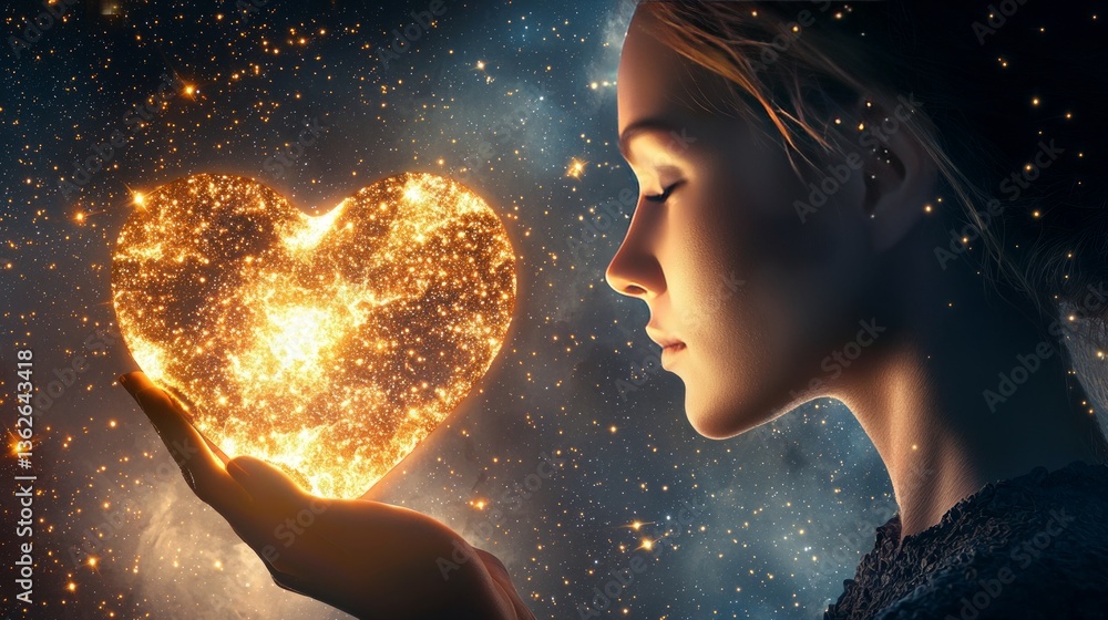 custom made wallpaper toronto digitalMother day treasure devotion. A serene woman holds a glowing heart-shaped galaxy, symbolizing love and connection against a cosmic backdrop.