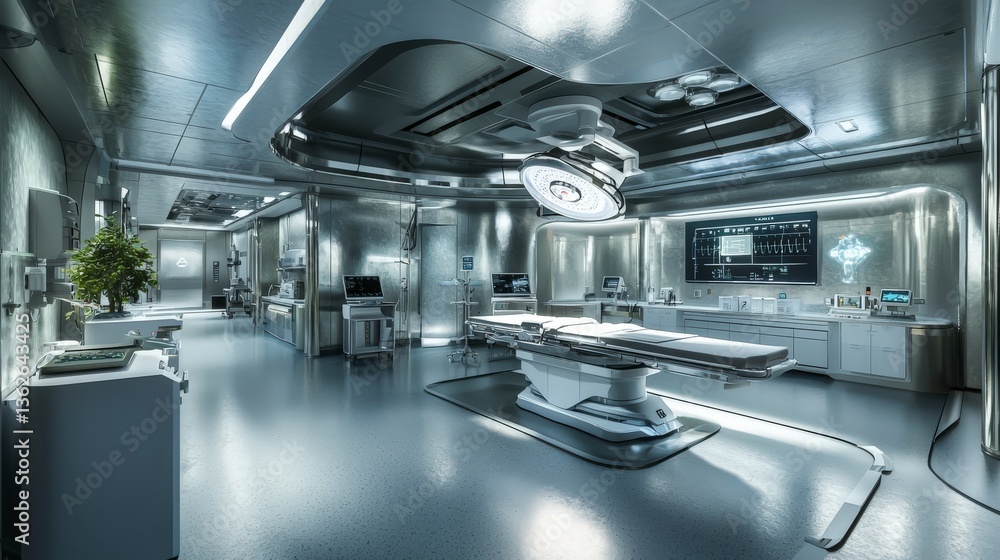 Naklejka premium Surgical procedure preparation high-tech operating room medical facility ultra-modern environment aerial view innovation