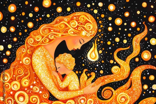 Mother day treasure devotion. A vibrant illustration of a mother and child, surrounded by swirling patterns and glowing orbs, conveying warmth and love against a dark background.