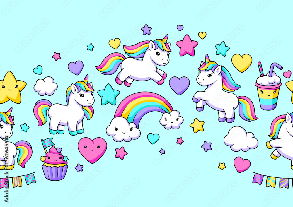 Pattern with unicorns. Happy birthday party background. Pattern with unicorns. Happy birthday party background.