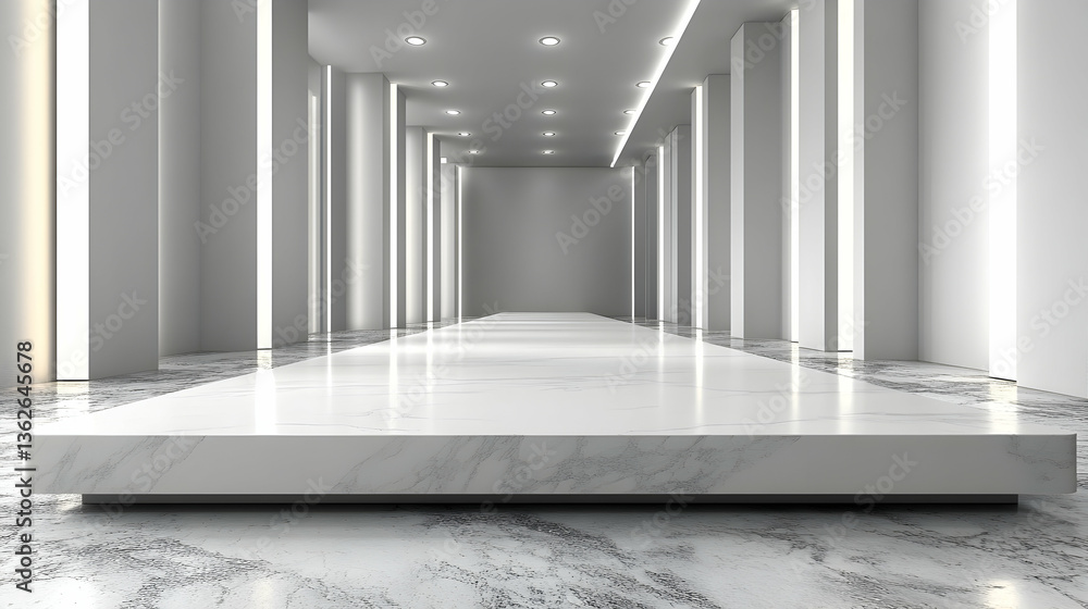 Fototapeta premium Modern, white hall with marble floors and pillars Spot lighting overhead