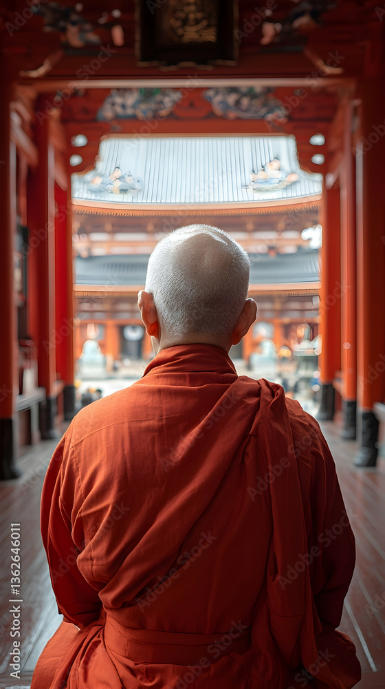 Monk in orange robes views temple architecture with intricate details Monk in orange robes views temple architecture with intricate details