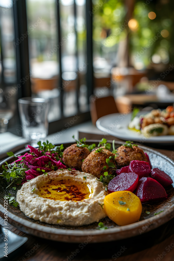 This vibrant platter showcases creamy hummus, golden falafel, and colorful pickled vegetables, evoking warmth and communal joy. This vibrant platter showcases creamy hummus, golden falafel, and colorful pickled vegetables, evoking warmth and communal joy.