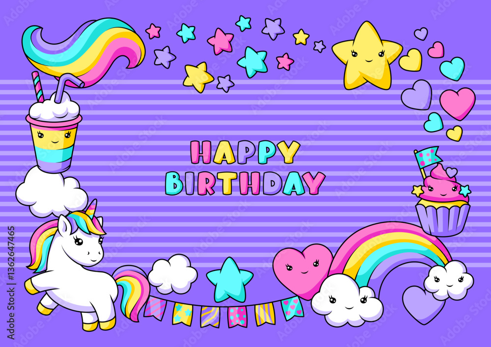 Fototapeta premium Background with unicorn. Happy birthday party invitation.