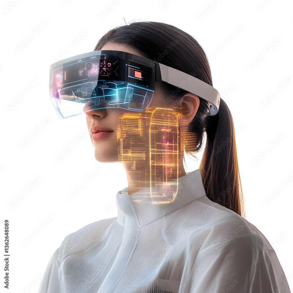 Woman using augmented reality glasses, which display a simulated city on the lenses, futuristic tech, white background, studio lighting.