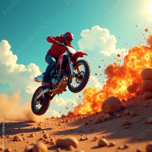 Hero leaps over explosive barrel, landing on motorcycle, motorcycle, jump