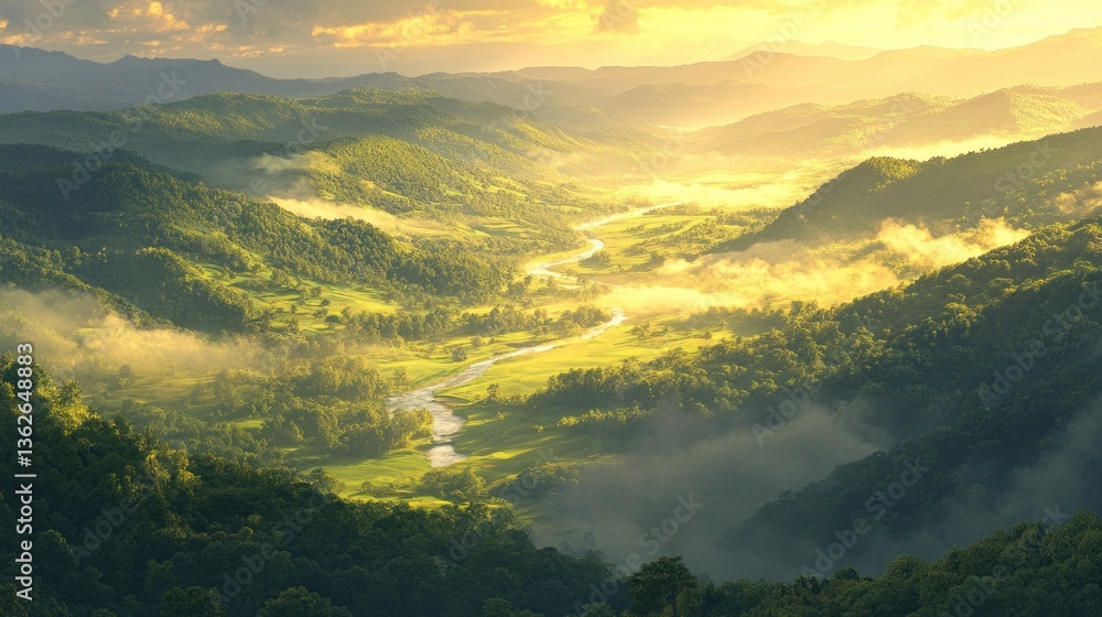 Sunrise over misty mountain valley river Sunrise over misty mountain valley river