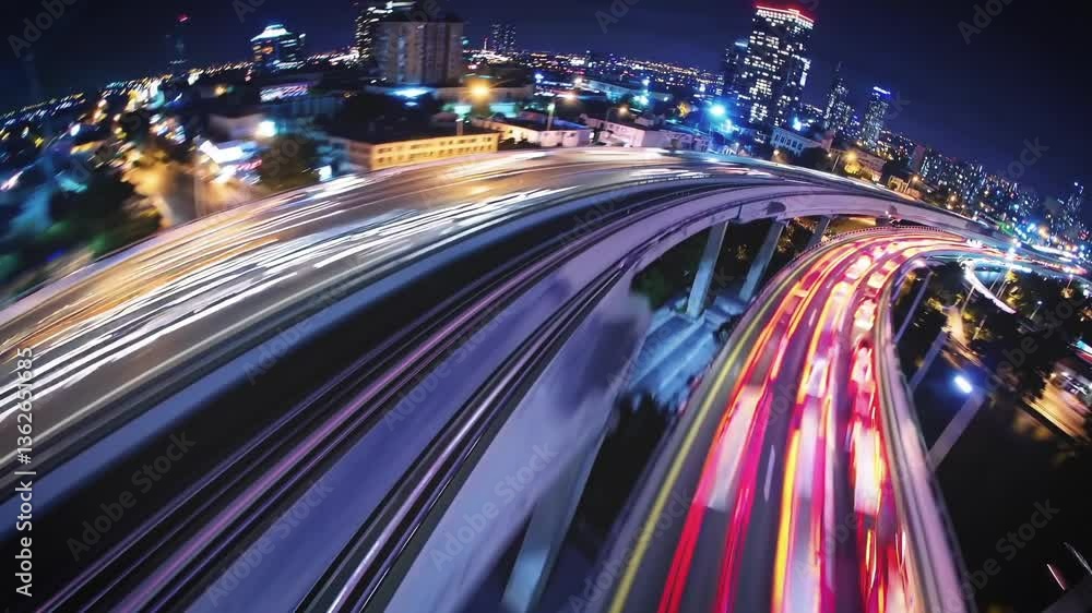 Time-lapse of a highway curving through a glowing cityscape at night, symbolizing nonstop flow of modern urban transport and energy. Time-lapse of a highway curving through a glowing cityscape at night, symbolizing nonstop flow of modern urban transport and energy.
