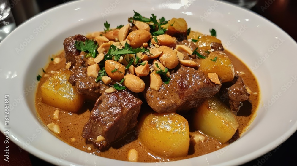 A delicious serving of Thai Massaman curry with beef, potatoes, and roasted peanuts. A delicious serving of Thai Massaman curry with beef, potatoes, and roasted peanuts.