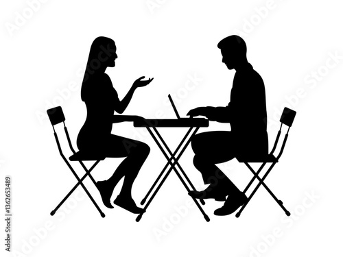 silhouette of woman interviewing man with laptop