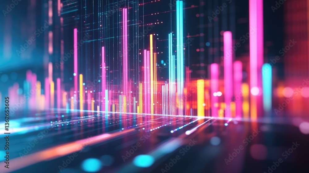 A futuristic digital dashboard displaying a colorful business bar chart with glowing effects. A futuristic digital dashboard displaying a colorful business bar chart with glowing effects.