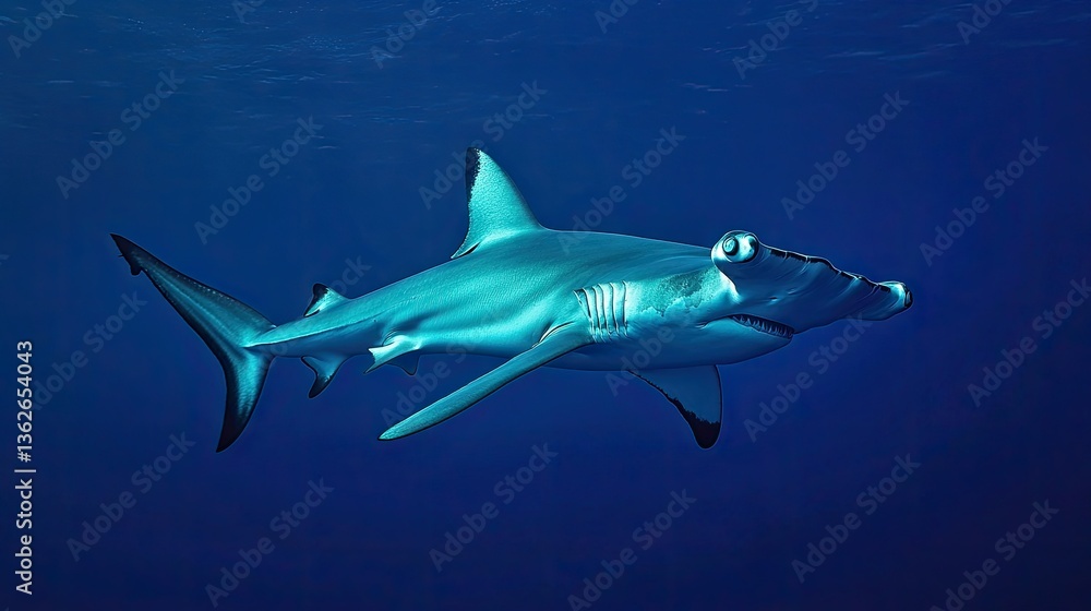 Fototapeta premium A hammerhead shark cruising through the deep blue sea, captured in motion, highlighting its iconic head.