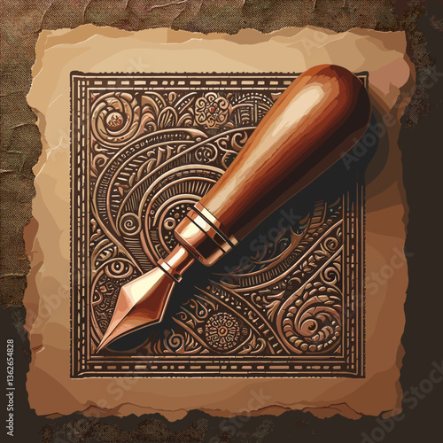 Intricate embossed leather design with a wooden embossing tool on textured paper background