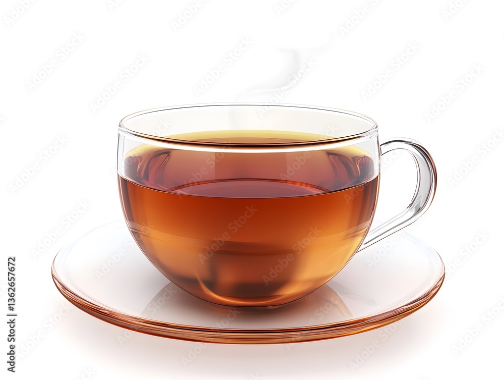 A cup of tea with lemon on a white background, featuring a transparent mug, saucer, and hot herbal beverage A cup of tea with lemon on a white background, featuring a transparent mug, saucer, and hot herbal beverage