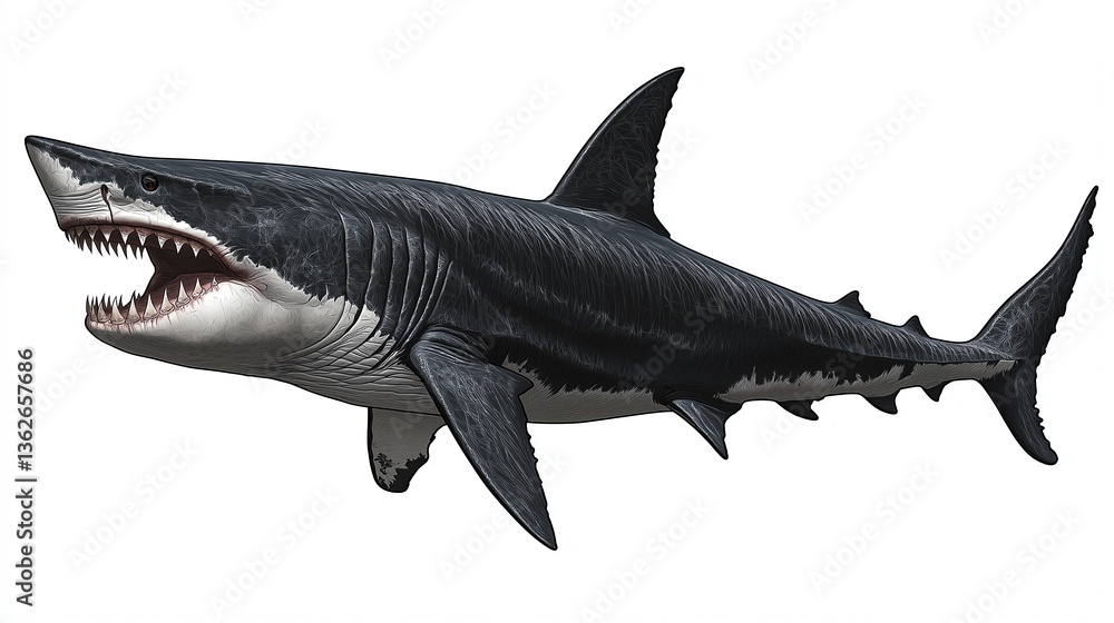 Fototapeta premium A realistic depiction of a fierce shark swimming aggressively through the ocean. Its sharp teeth and powerful physique capture the essence of marine predators in vibrant detail.