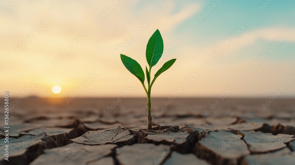 A resilient green sprout emerging from cracked dry soil under a vibrant sunset, symbolizing hope, renewal, and the strength of nature against adversity. A resilient green sprout emerging from cracked dry soil under a vibrant sunset, symbolizing hope, renewal, and the strength of nature against adversity.