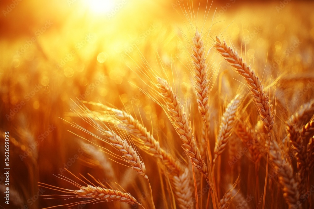 Golden wheat field illuminated by sunset in rural landscape during harvest season Golden wheat field illuminated by sunset in rural landscape during harvest season