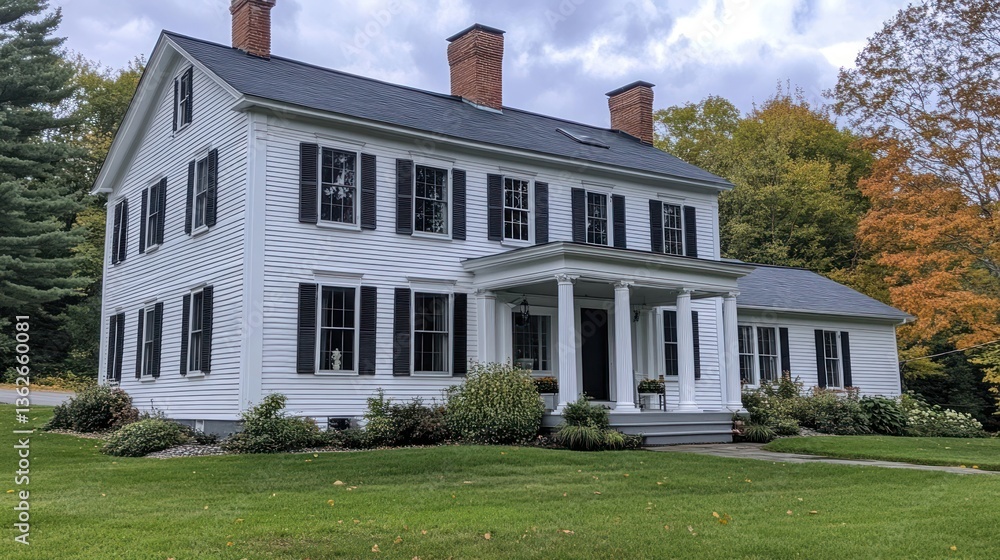 Obraz premium White Colonial House, Autumn Foliage, Rural Setting