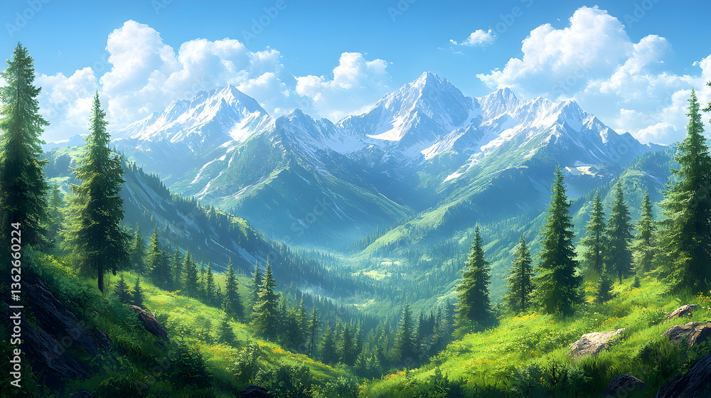 Fototapeta premium Mountains peek over green valleys and forests