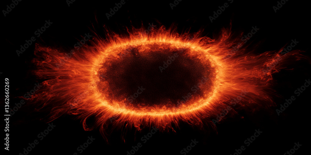 Orange fiery ring on black background, creating a cosmic, powerful, and energetic image, symbolizing energy, power, and the universe. Free space for text Orange fiery ring on black background, creating a cosmic, powerful, and energetic image, symbolizing energy, power, and the universe. Free space for text