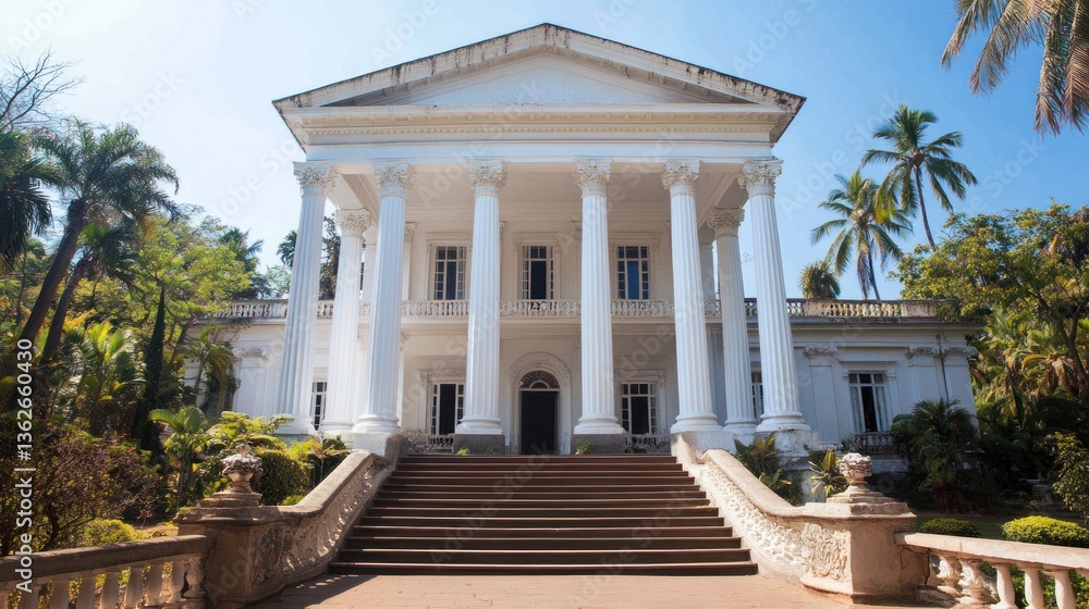 Obraz premium Majestic White Colonial Mansion in Tropical Garden