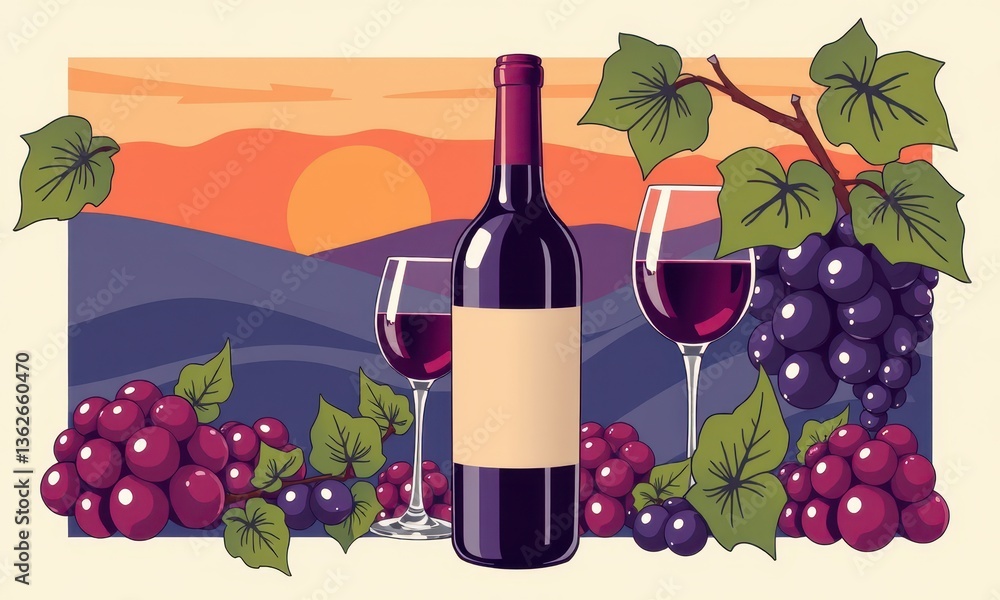Fototapeta premium Illustration of a Wine Bottle with Glasses of Red Wine, Grapes, and Leaves Against a Sunset Hill Background in a Stylized Artistic Design