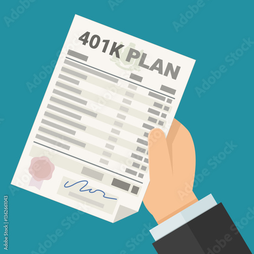 A hand holds an 401k plan in flat design style on blue background
