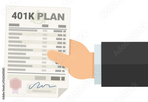 A hand holds an 401k plan in flat design style (cut out)