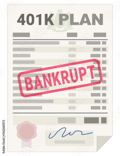 401k plan with red "BANKRUPT" stamp in flat design style (cut out)