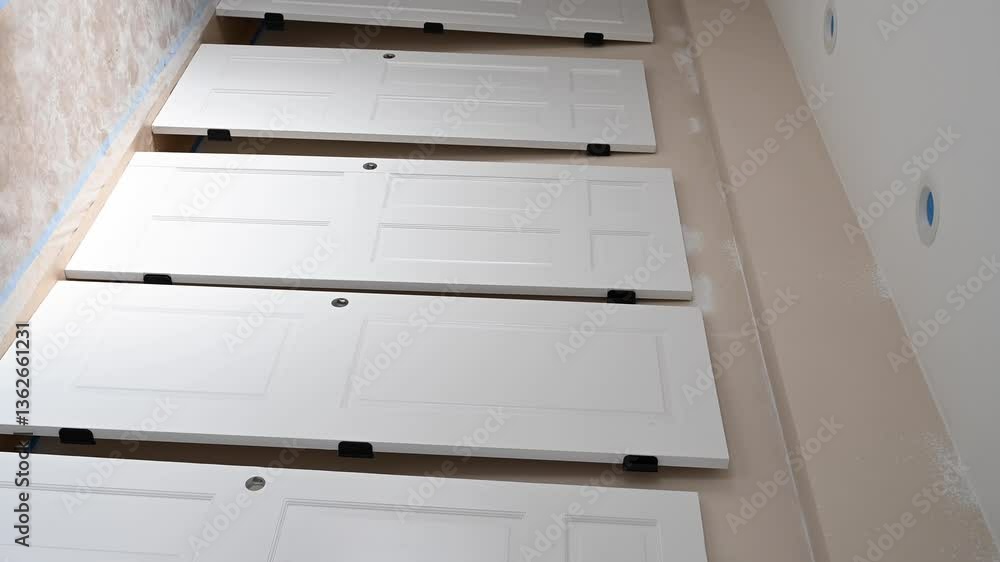 New white doors are evenly spaced in front of the wall, ready for installation. New white doors are evenly spaced in front of the wall, ready for installation.