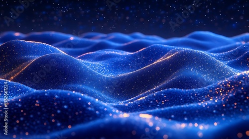Abstract image of starry night sky with undulating blue waves resembling a cosmic seascape under sparkling stardust