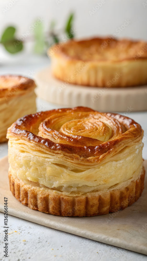 Elegant French Puff Pastry Galette des Rois with Golden Crust on Wooden Board
Elegant French Puff Pastry Galette des Rois with Golden Crust on Wooden Board