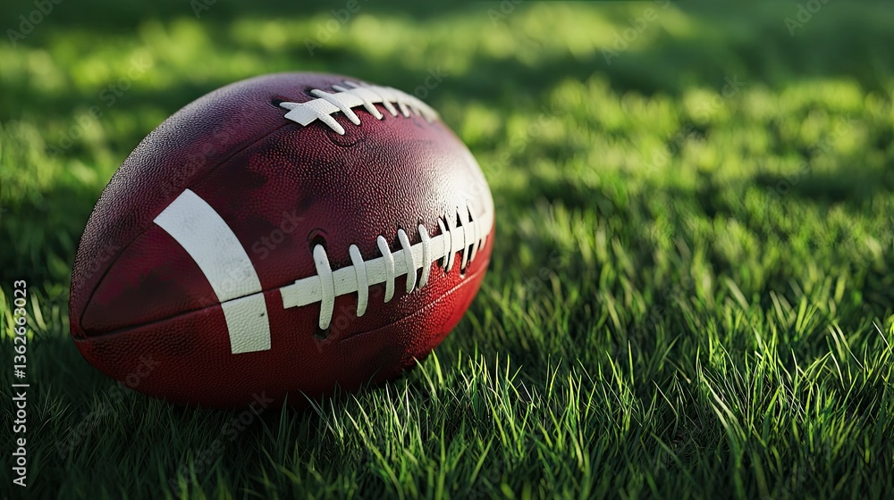 A realistic football resting on bright grass, with soft shadows and a dark background for emphasis. A realistic football resting on bright grass, with soft shadows and a dark background for emphasis.