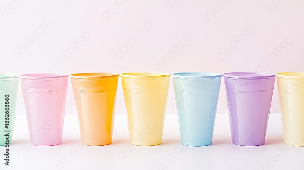 A row of plastic cups in pastel colors, isolated against a clean, white backdrop. A row of plastic cups in pastel colors, isolated against a clean, white backdrop.