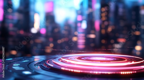 A futuristic digital landscape featuring glowing circular patterns against a city backdrop.