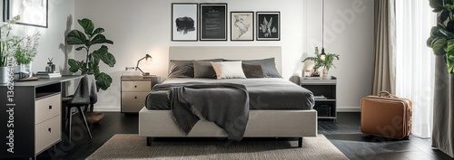 Modern bedroom interior design with a comfy bed, desk, and plants.