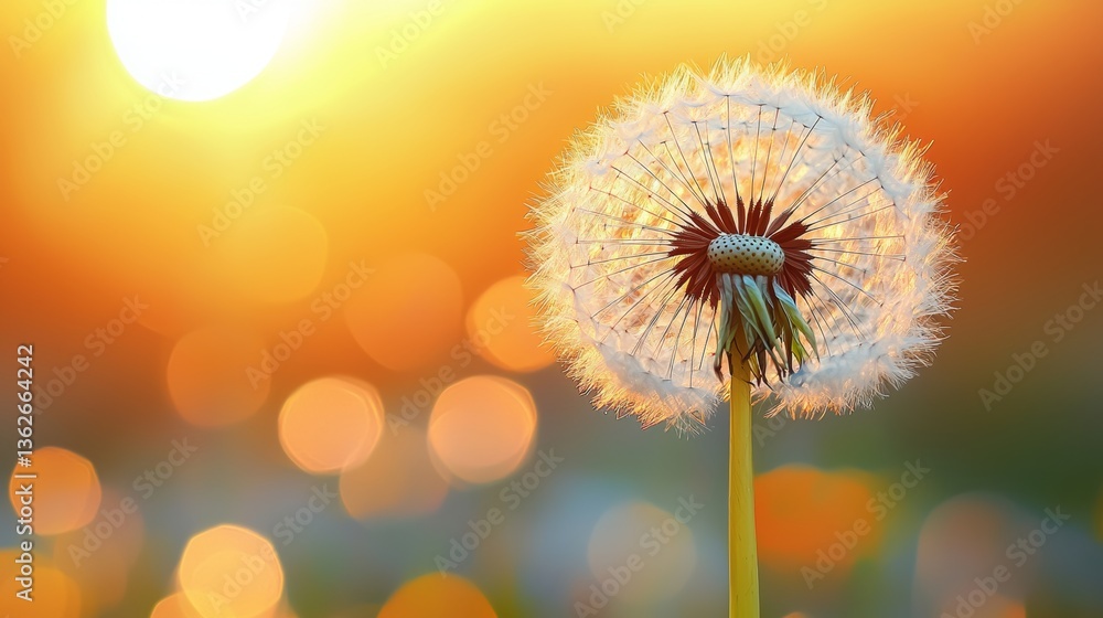 Fototapeta premium Golden Hour Dandelion: A Radiant Seed Head Bathed in Warm Sunlight