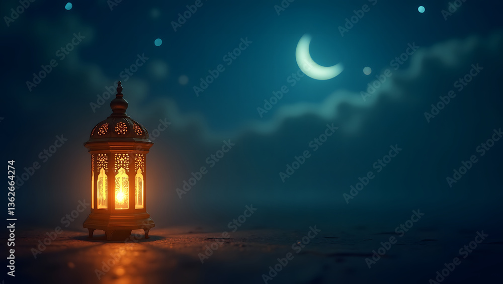 Fototapeta premium Lantern with crescent moon on night sky background with empty copy space text area. Islamic background, Eid greetings cards background. Design concept of Ramadan kareem, Eid al fitr, Eid ul adha.