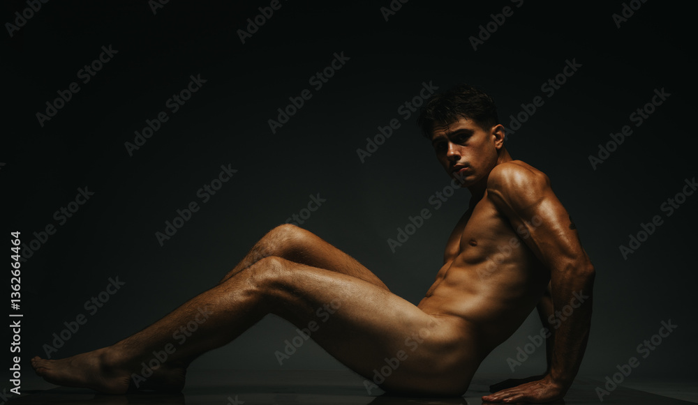 Fototapeta premium Artistic depiction of a human male posed against a dark background in dramatic lighting. Highlighting muscular form and artistic photography, conveying mood, expression, and contemplation through